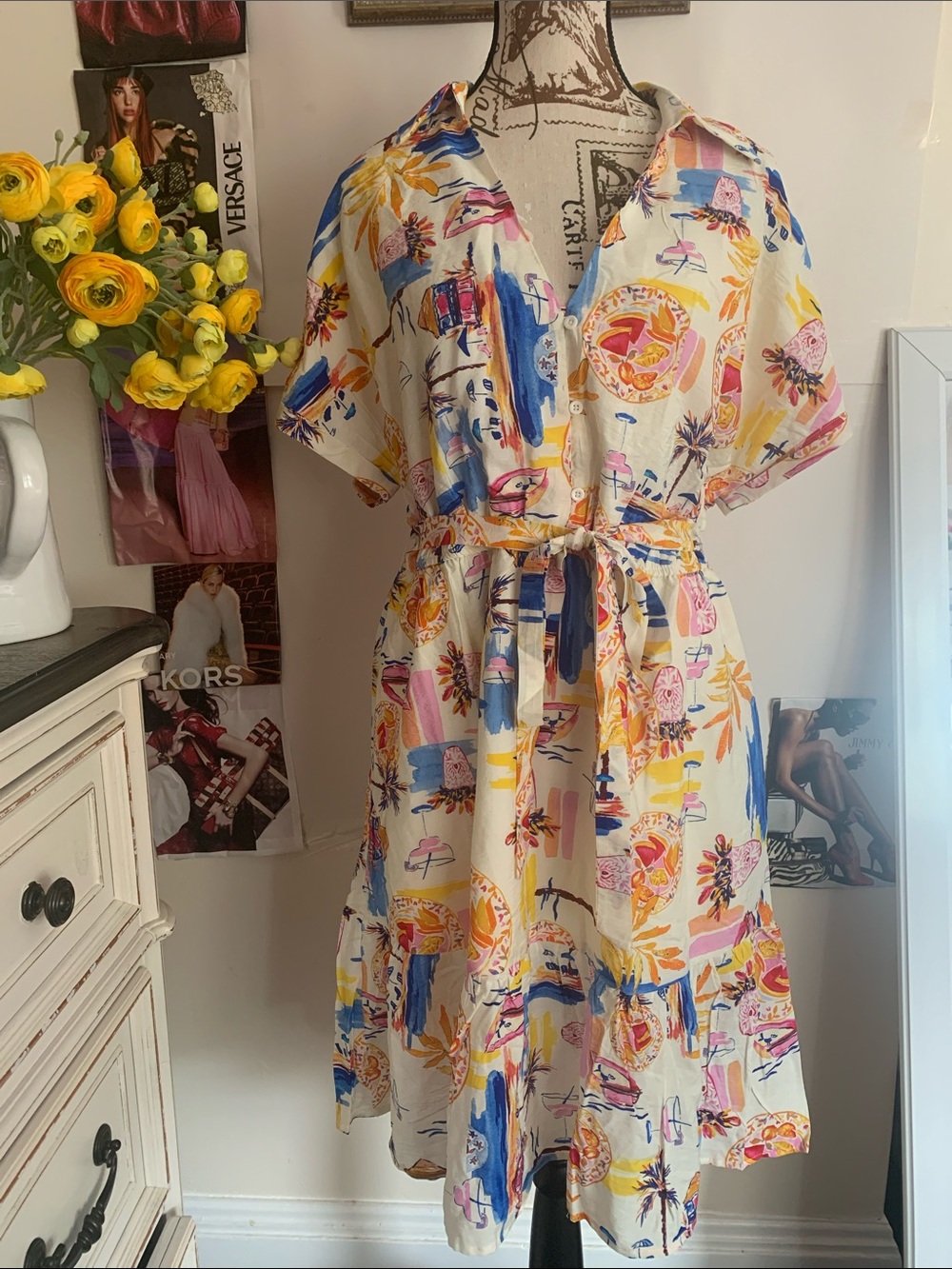 Sam Edelman Tropical Print Tie-Waist Shirt Dress - Multicolor